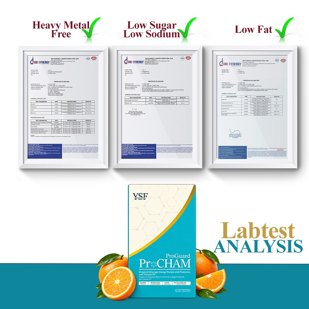 Lab test ProChAm ProGuard: heavy metal free, low sugar, low sodium, low fat